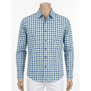 CON.STRUCT Slim Fit Button Down Shirt Mens Large Green Blue Check 4-Way Stretch